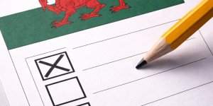 A blank ballot paper featuring the Welsh flag and an X marked in a box by pencil.
