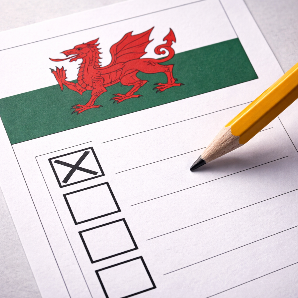 A blank ballot paper featuring the Welsh flag and an X marked in a box by pencil.