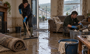 AI generated image of couple cleaning up after a flood