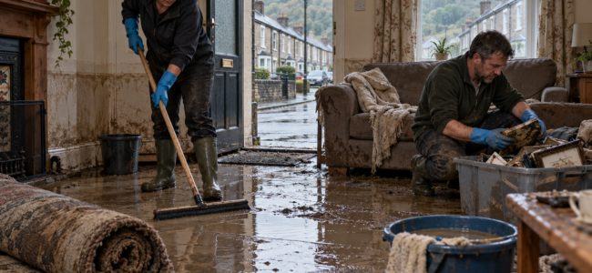 AI generated image of couple cleaning up after a flood